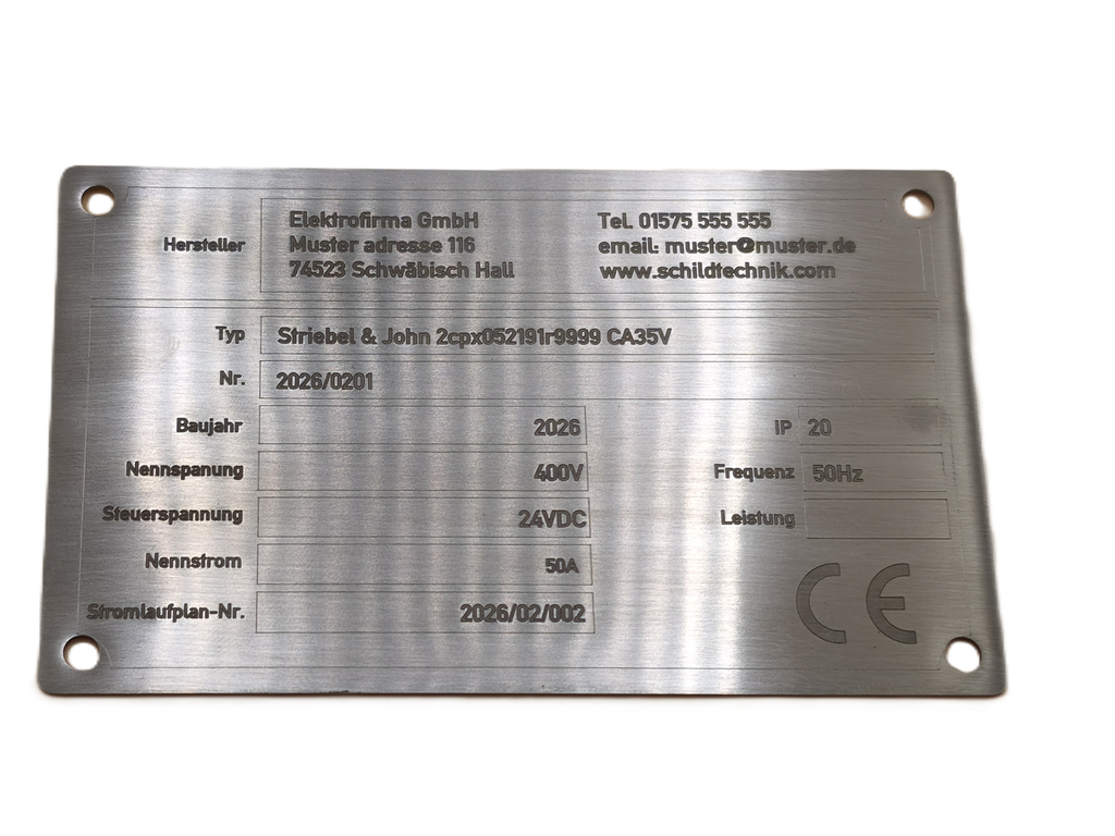 Typenschild 115×70 mm – Edelstahl V4A 1,0 mm (gebürstet) | Tiefen-Lasergravur | 4× Ø4,2 mm