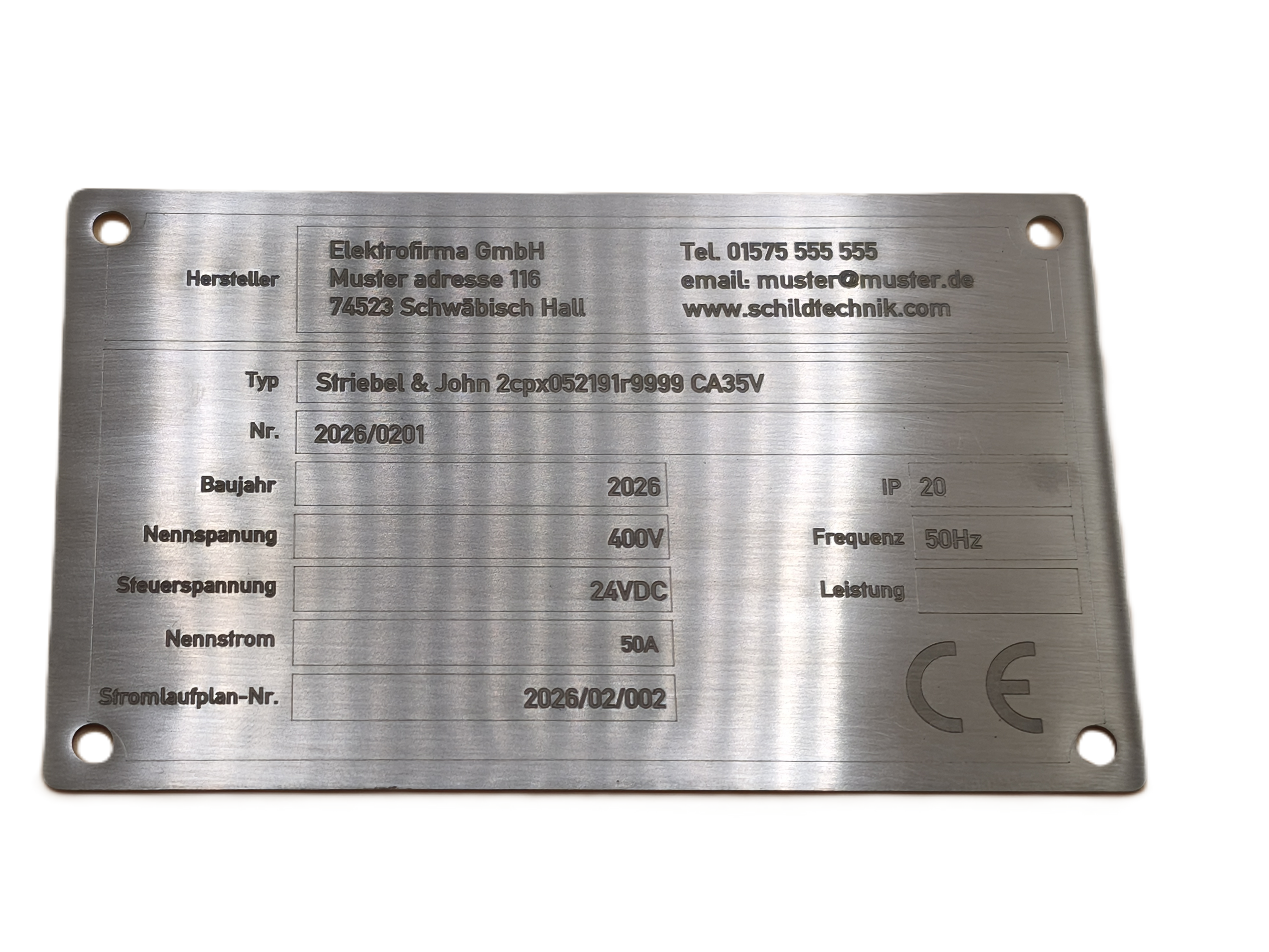 Typenschild 115×70 mm – Edelstahl V4A 1,0 mm (gebürstet) | Tiefen-Lasergravur | 4× Ø4,2 mm